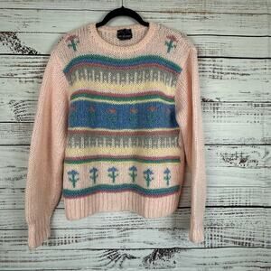 Women VTG Lady Van Heusen Pink Pastel Acrylic Hand Knit Sweater Cottage Granny M